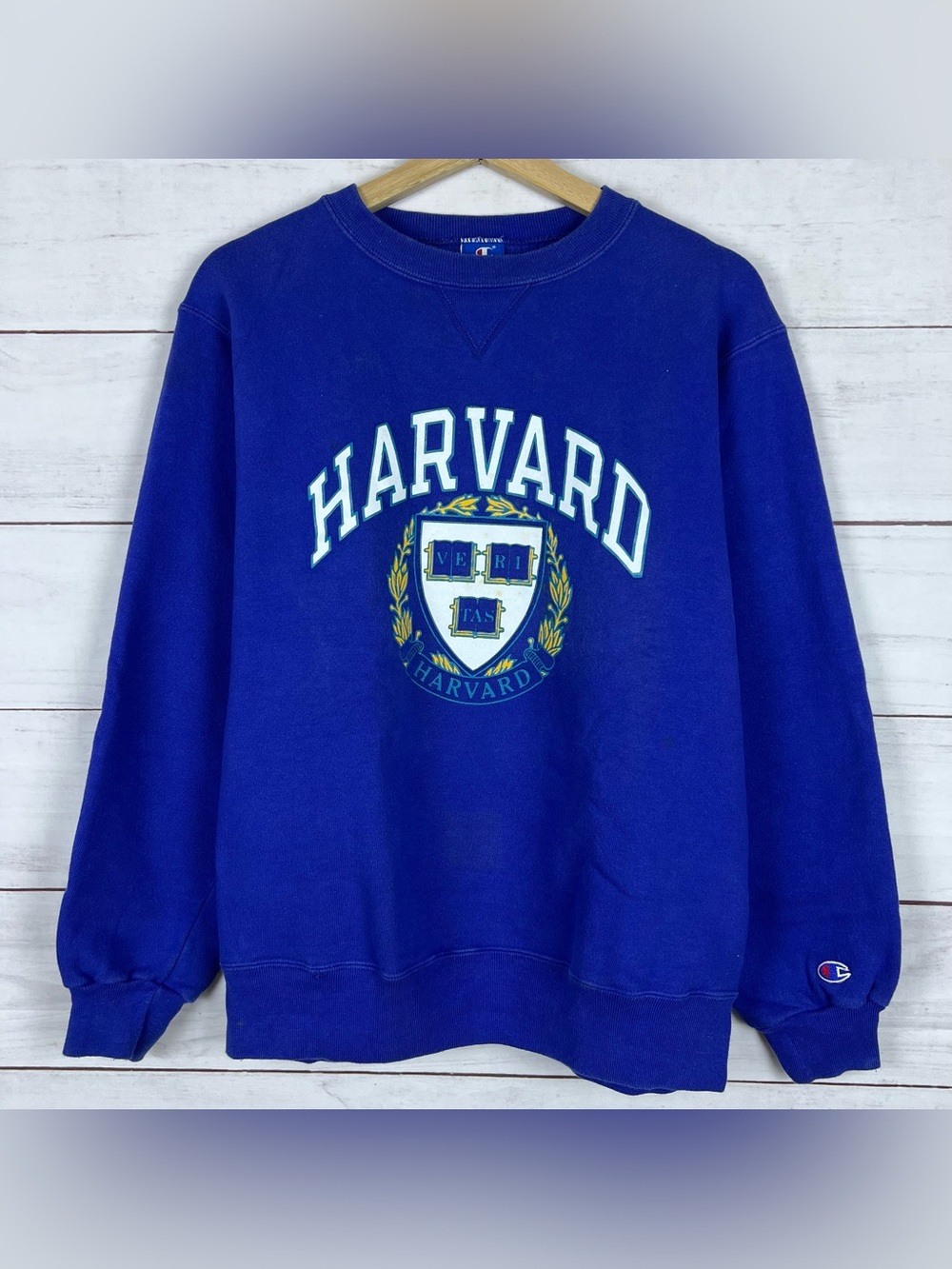 Vintage 90s Champion Harvard V-Stitch Sweatshirt USA Blue Size Large *Flaws*